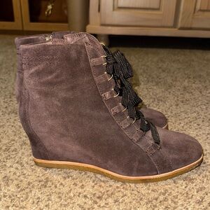 Earth Suede Wedge Ankle Boots - Dark Brown